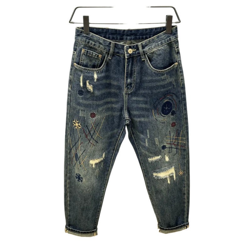 American Style Fried Street Loose Ripped Patch Beggar Jeans Men'S Embroidered Japanese Style Vintage Antique Harlan Tapered Denim - Image 5